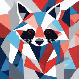 An abstract geometric painting of a raccoon using red, blue, and white colors