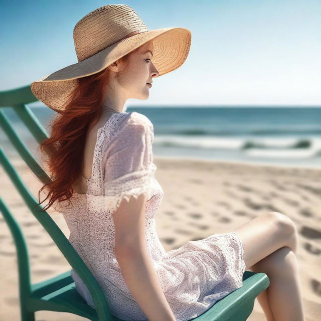 A realistic photo of a slender, fair-skinned, natural red-haired girl with a slender neck