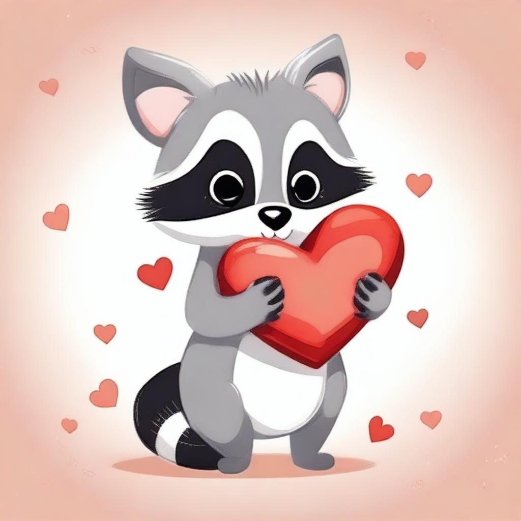 A cute raccoon holding a heart in its hands, depicted in a whimsical and charming style