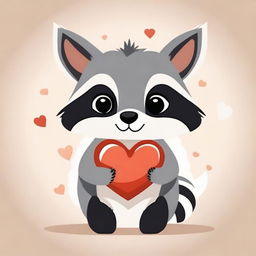 A cute raccoon holding a heart in its hands, depicted in a whimsical and charming style