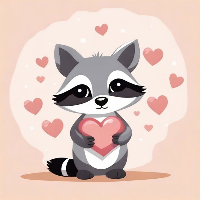 A cute raccoon holding a heart in its hands, depicted in a whimsical and charming style