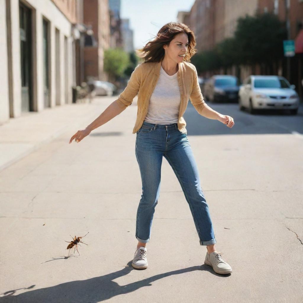 A bold woman, dressed in casual attire, assertively stomping on a stray bug with her foot on a sunlit sidewalk.