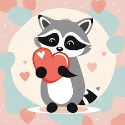 A cute raccoon holding a heart in its hands, depicted in a whimsical and charming style