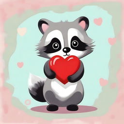 A painting of a cute raccoon holding a heart in its hands