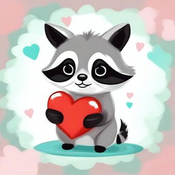 A painting of a cute raccoon holding a heart in its hands