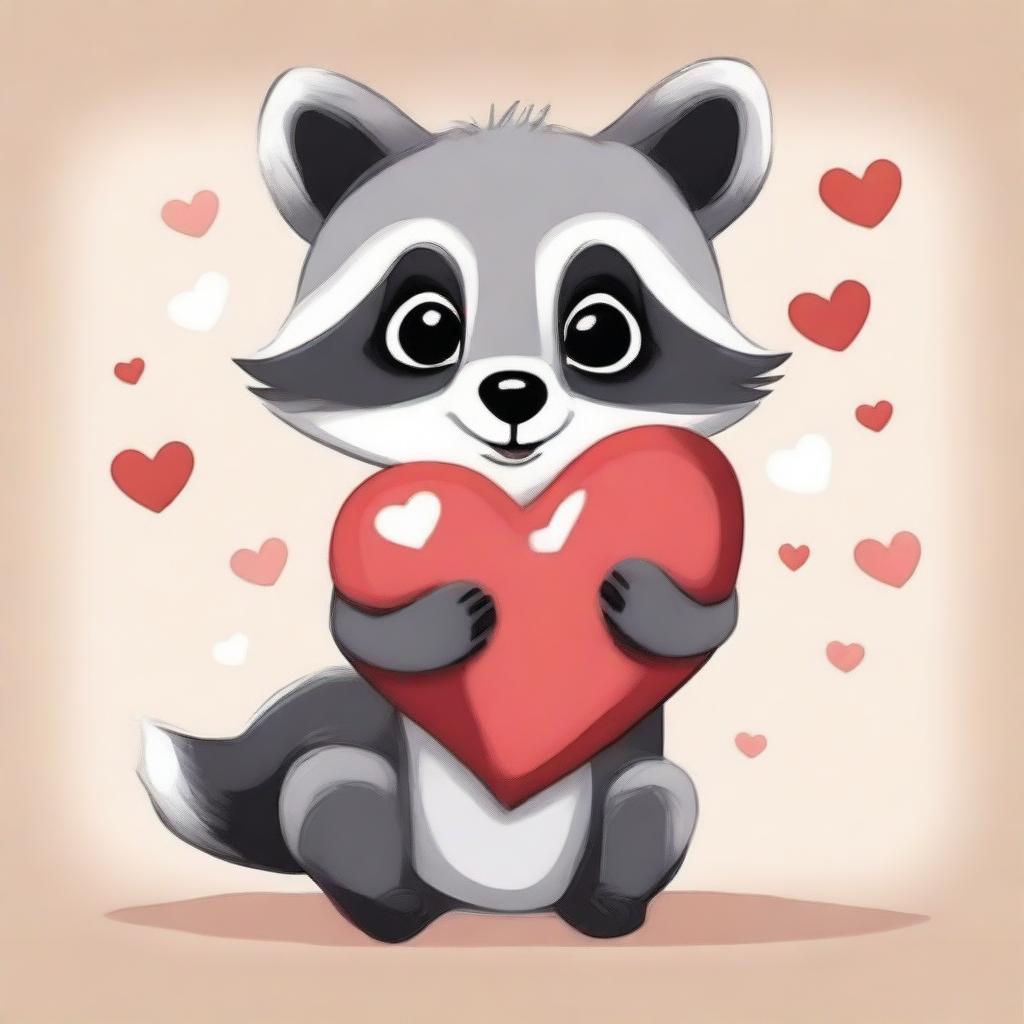 A painting of a cute raccoon holding a heart in its hands