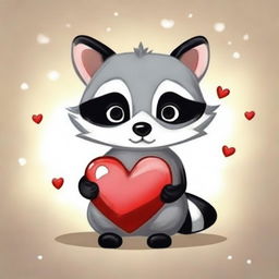 A painting of a cute raccoon holding a heart in its hands