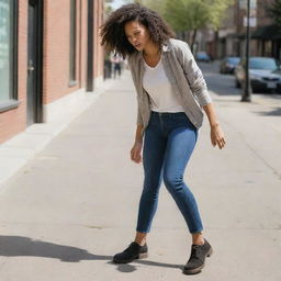 A bold woman, dressed in casual attire, assertively stomping on a stray bug with her foot on a sunlit sidewalk.