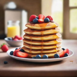 A vibrant and eye-catching poster featuring a stack of golden-brown pancakes topped with fresh berries and a drizzle of maple syrup