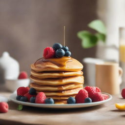 A vibrant and eye-catching poster featuring a stack of golden-brown pancakes topped with fresh berries and a drizzle of maple syrup