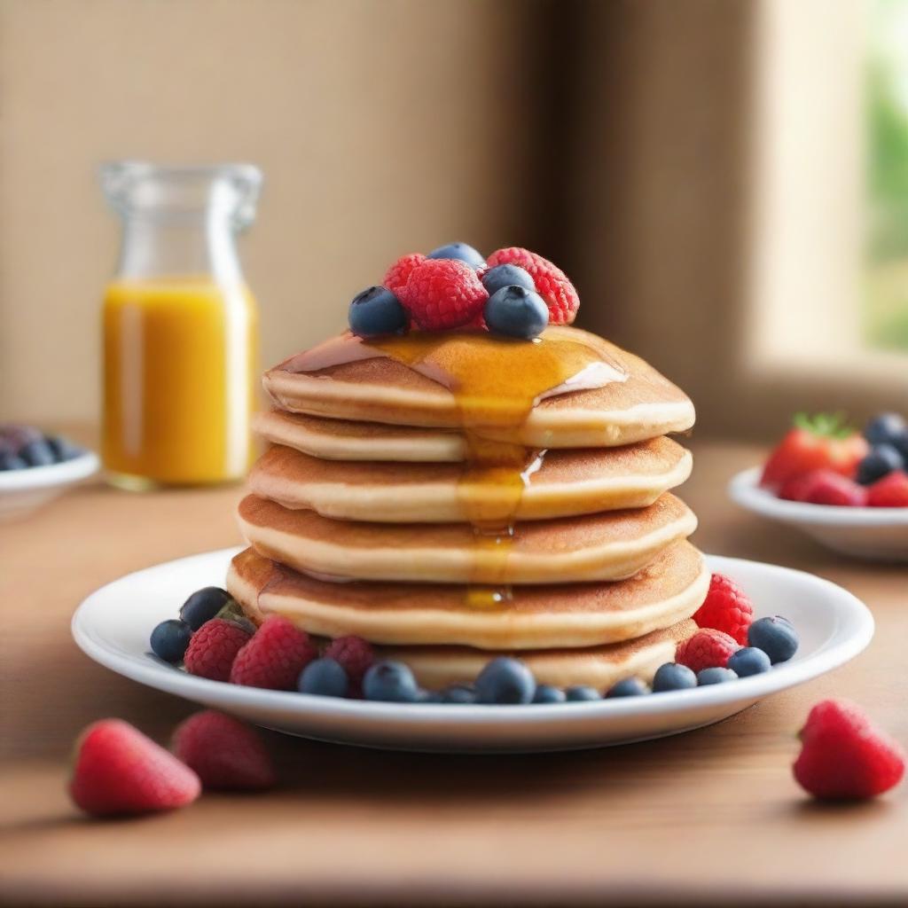 A vibrant and eye-catching poster featuring a stack of golden-brown pancakes topped with fresh berries and a drizzle of maple syrup