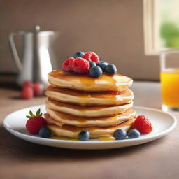 A vibrant and eye-catching poster featuring a stack of golden-brown pancakes topped with fresh berries and a drizzle of maple syrup