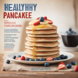 A movie poster featuring a stack of healthy pancakes made with whole grains and topped with fresh fruits like blueberries, strawberries, and banana slices