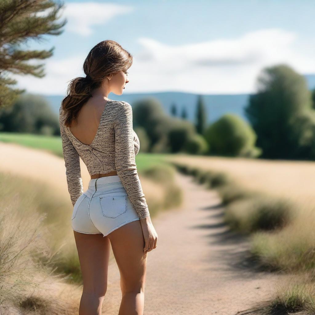 A woman with pronounced buttocks facing away from the viewer, wearing stylish clothing, standing in a scenic outdoor setting