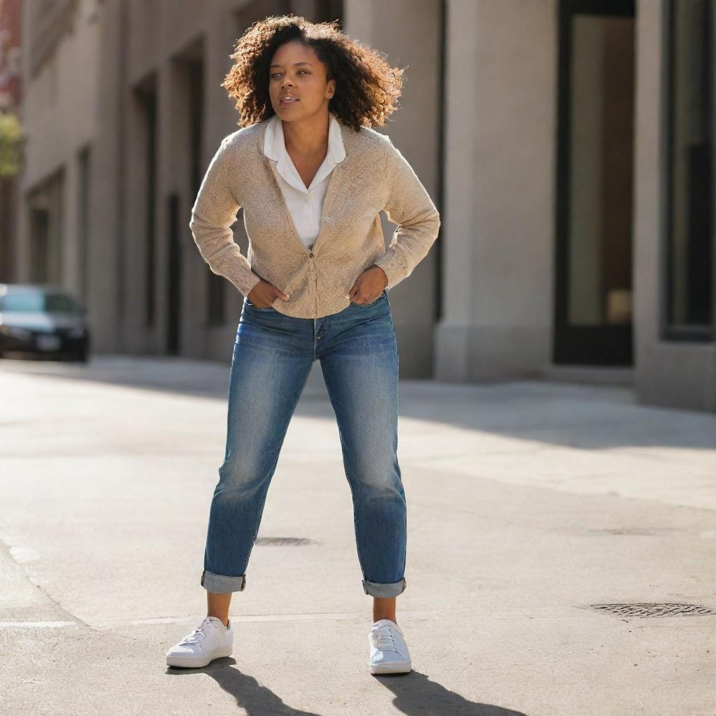 A bold woman, dressed in casual attire, assertively stomping on a stray bug with her foot on a sunlit sidewalk.