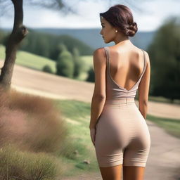 A woman with pronounced buttocks facing away from the viewer, wearing stylish clothing, standing in a scenic outdoor setting