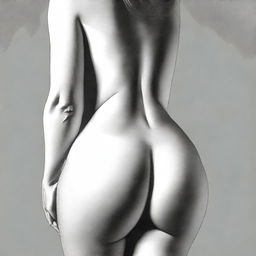 A depiction of a woman facing back, highlighting her large buttocks and wearing underwear