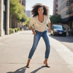 A bold woman, dressed in casual attire, assertively stomping on a stray bug with her foot on a sunlit sidewalk.