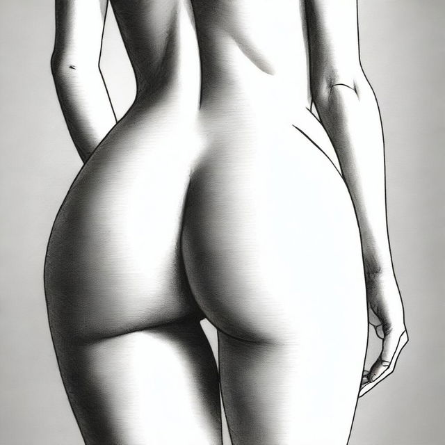 A depiction of a woman facing back, highlighting her large buttocks with a noticeable hole in her underwear