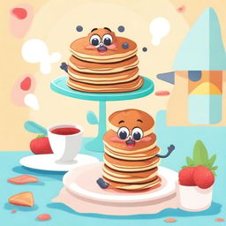 Create an animated scene featuring lively and fun pancakes