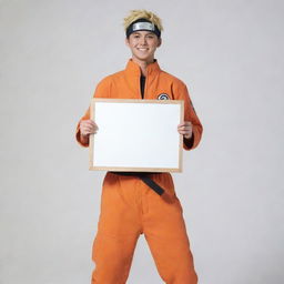 Naruto Uzumaki in his orange jumpsuit holding a blank signboard, standing confidently with an energetic smile on his face.