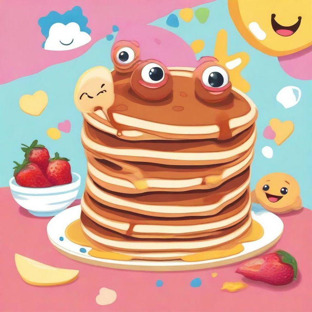 Create an animated scene featuring lively and fun pancakes