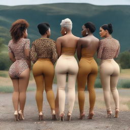 A group of women with pronounced buttocks facing backwards, wearing stylish and diverse clothing