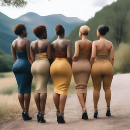 A group of women with pronounced buttocks facing backwards, wearing stylish and diverse clothing