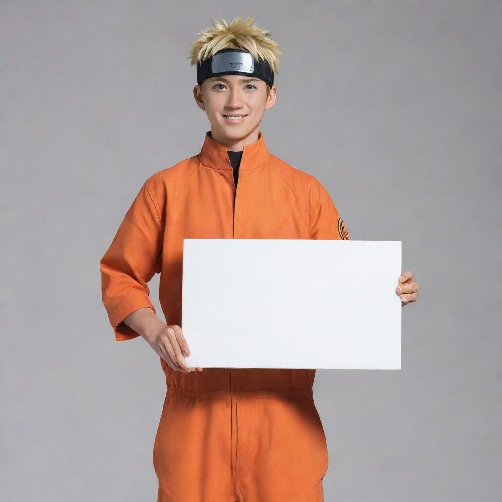 Naruto Uzumaki in his orange jumpsuit holding a blank signboard, standing confidently with an energetic smile on his face.