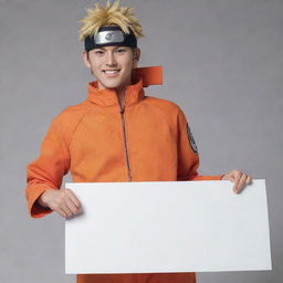 Naruto Uzumaki in his orange jumpsuit holding a blank signboard, standing confidently with an energetic smile on his face.