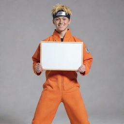 Naruto Uzumaki in his orange jumpsuit holding a blank signboard, standing confidently with an energetic smile on his face.