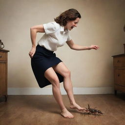 A fearless woman assertively stomping and twisting her feet on a roach, showcasing a scene of household bravery.