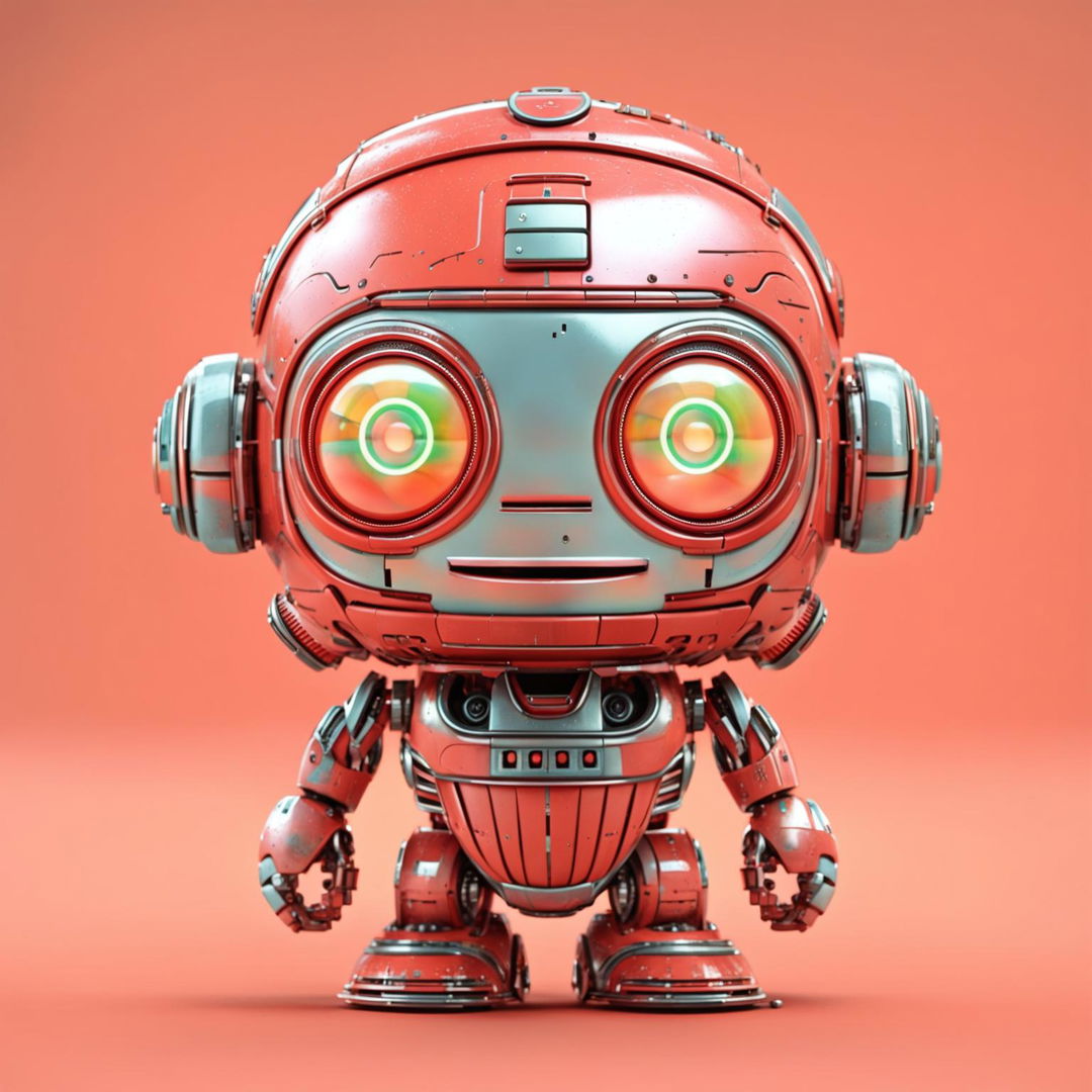 Create a highly detailed, futuristic smiley robot mascot for a quiz maker, using red pastels and no text.