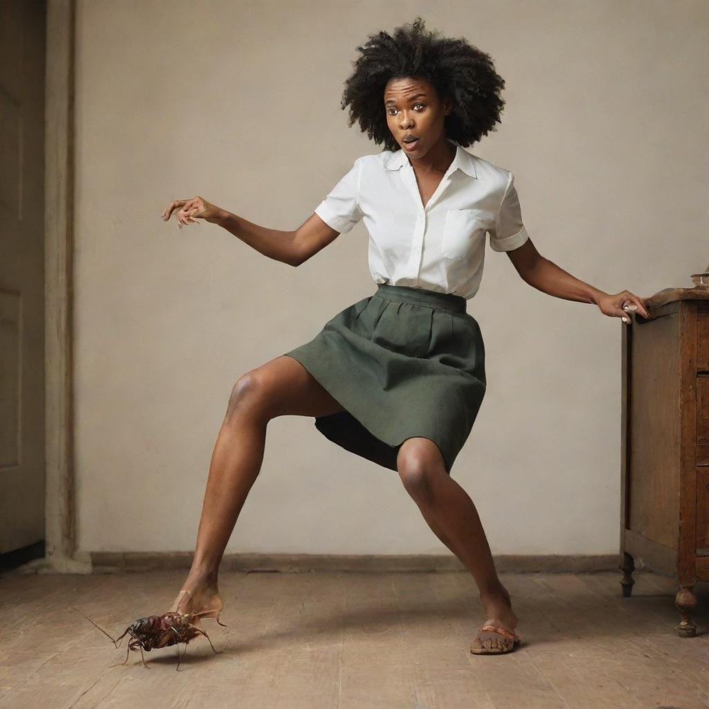 A fearless woman assertively stomping and twisting her feet on a roach, showcasing a scene of household bravery.