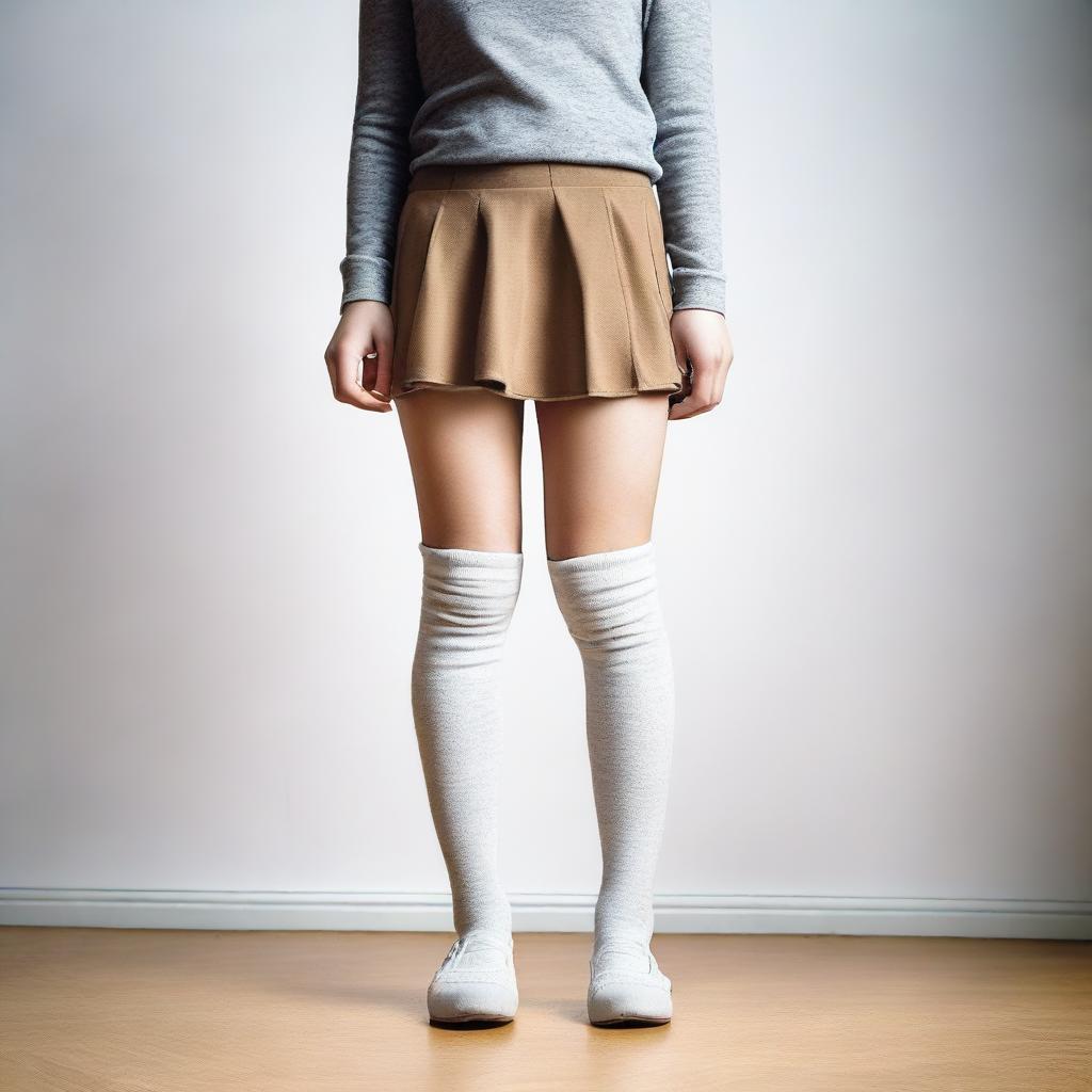 A young girl wearing a mini skirt and socks, standing in a casual pose