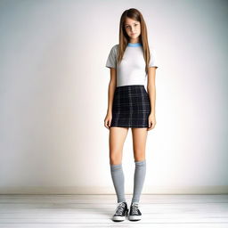 A young girl wearing a mini skirt and socks, standing in a casual pose