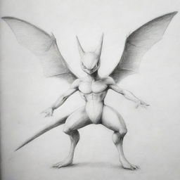 A pencil sketch of a unique Pokémon, having the body of Greninja, wings of Charizard, and the face of Mewtwo.