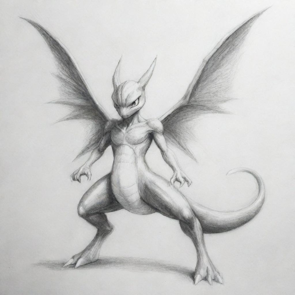 A pencil sketch of a unique Pokémon, having the body of Greninja, wings of Charizard, and the face of Mewtwo.