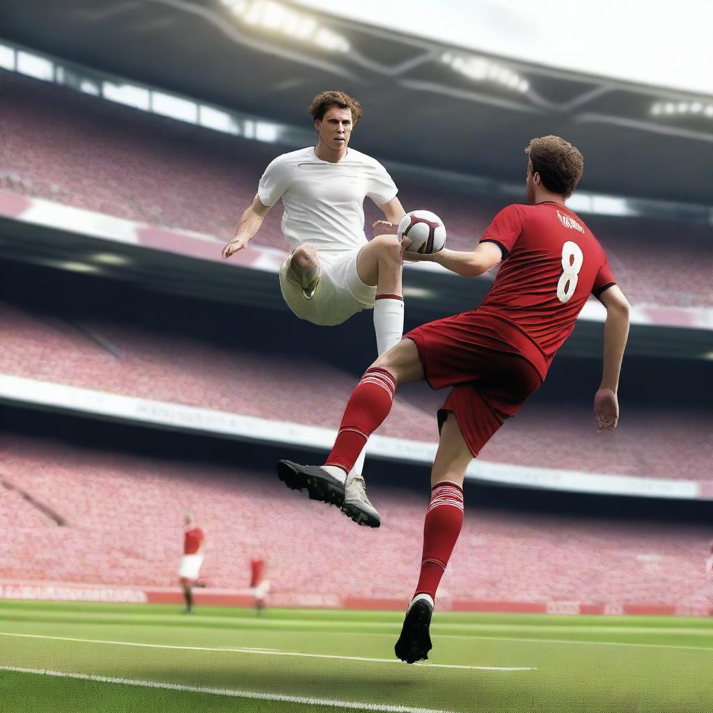 Create an ultra-realistic image of a football player with brown hair taking a bicycle kick