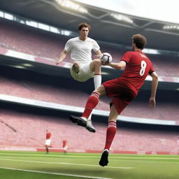 Create an ultra-realistic image of a football player with brown hair taking a bicycle kick