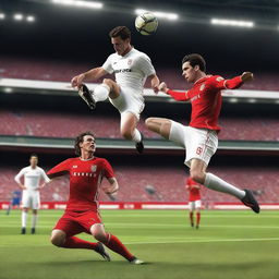 Create an ultra-realistic image of a football player with brown hair taking a bicycle kick