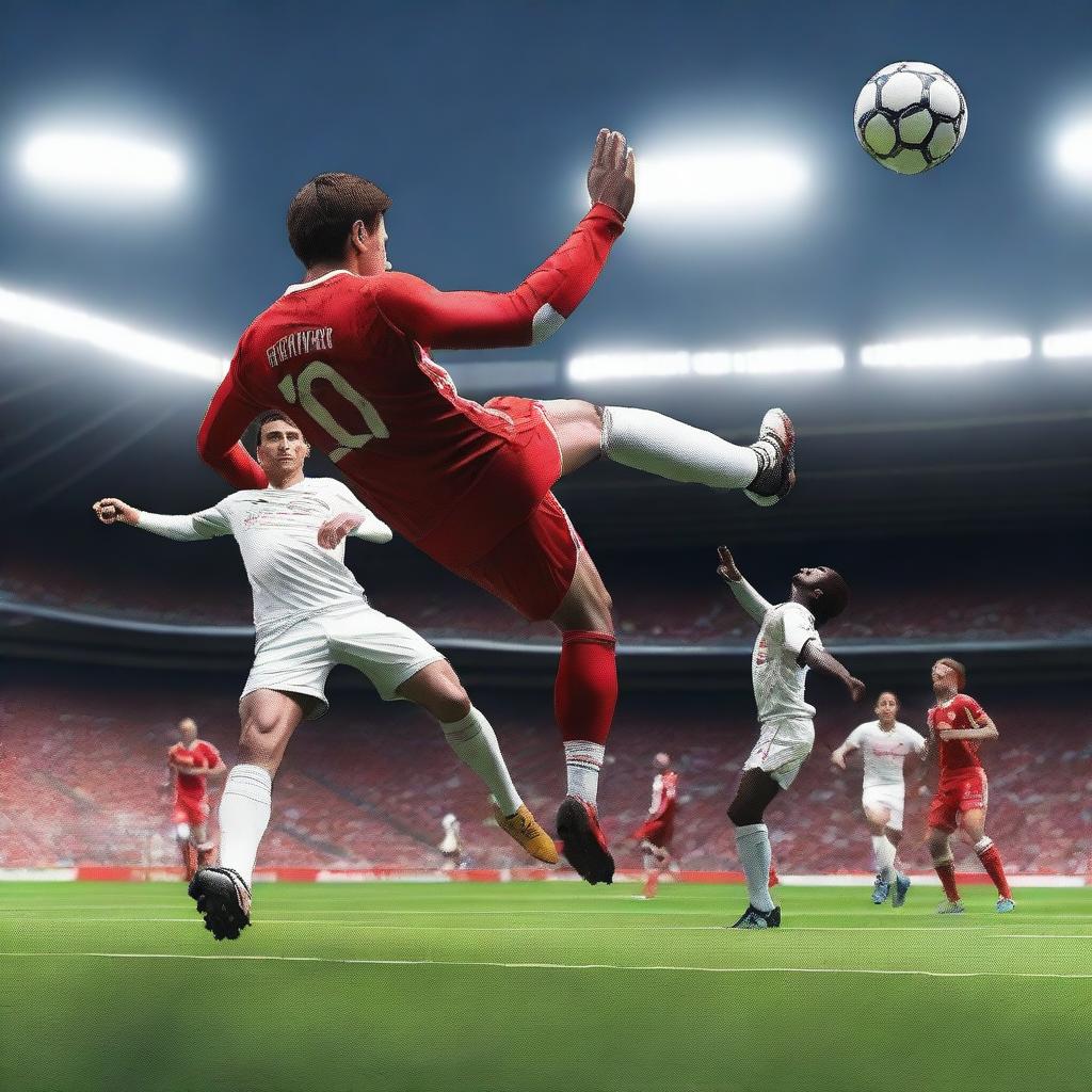 Create an ultra-realistic image of a football player with brown hair taking a bicycle kick