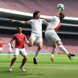 Create an ultra-realistic image of a football player with brown hair taking a bicycle kick