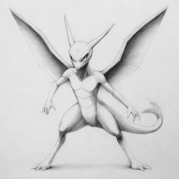 A pencil sketch of a unique Pokémon, having the body of Greninja, wings of Charizard, and the face of Mewtwo.