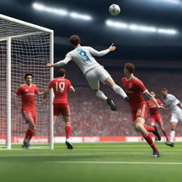 Create a highly realistic image of a football player with brown hair taking a bicycle kick