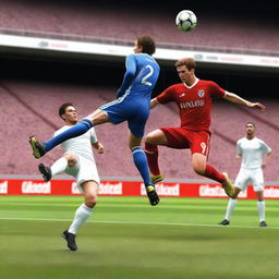 Create a highly realistic image of a football player with brown hair taking a bicycle kick