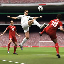 Create a highly realistic image of a football player with brown hair taking a bicycle kick