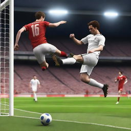 Create a highly realistic image of a football player with brown hair taking a bicycle kick