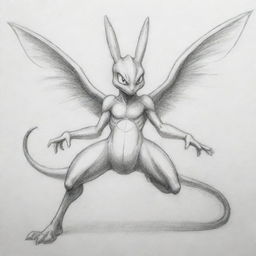 A pencil sketch of a unique Pokémon, having the body of Greninja, wings of Charizard, and the face of Mewtwo.