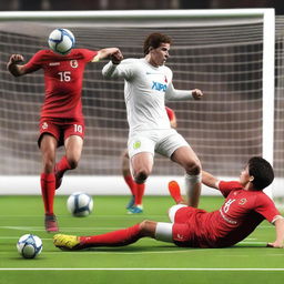 Create a highly realistic image of a football player with brown hair taking a bicycle kick